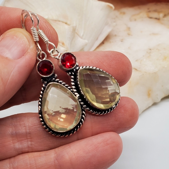 Genuine Stone Lemon Quartz Cherry Quartz Earrings - Picture 4 of 6